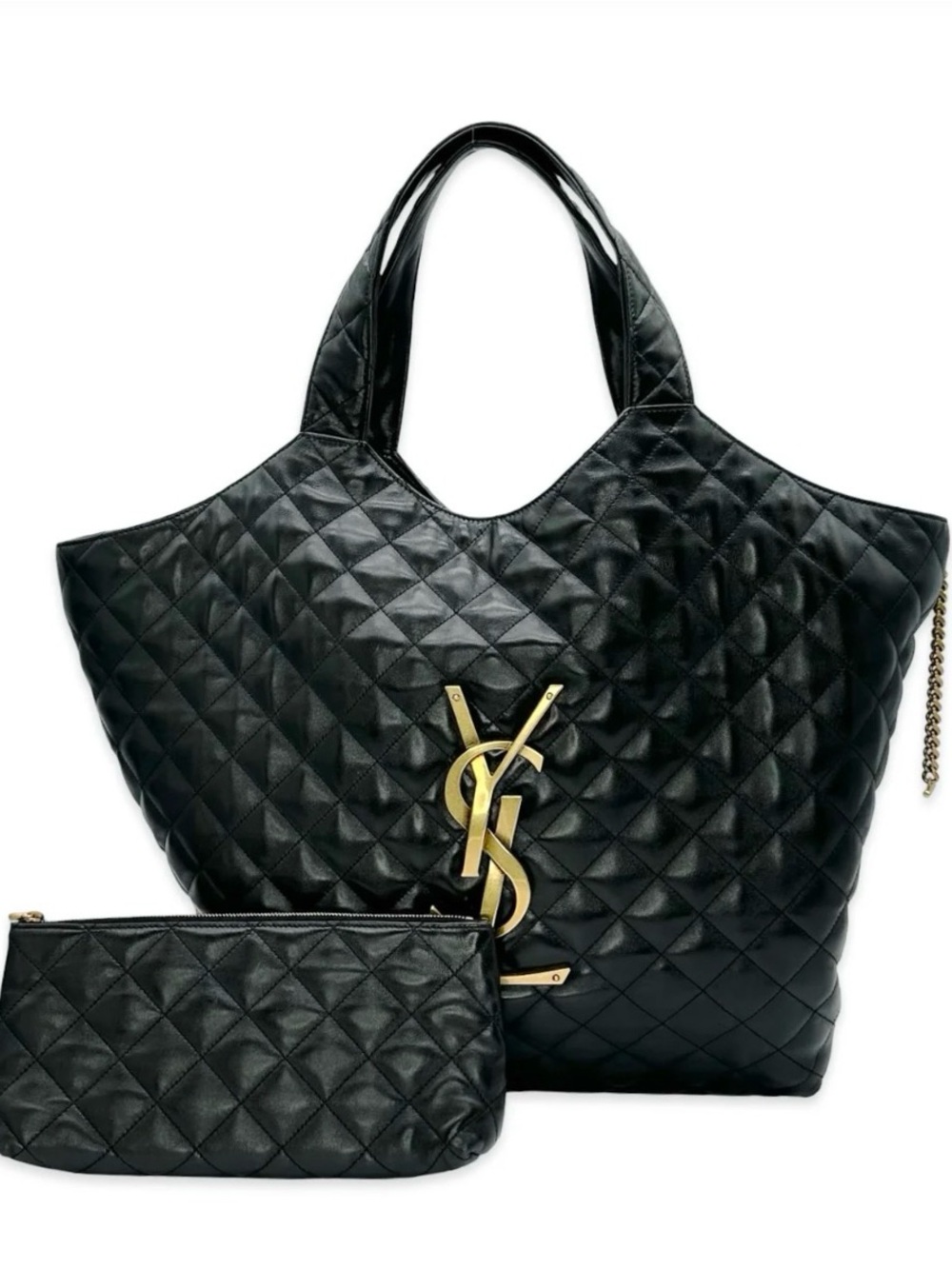 Saint Laurent Black Quilted Leather Tote with Gold YSL Logo and Pouch